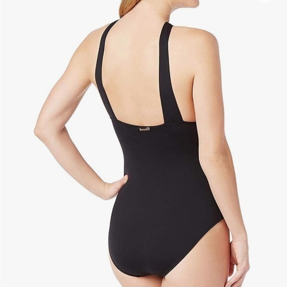 Michael Michael Kors High Neck Shirred Cross Front Black One Piece Swim Size 4 - Picture 2 of 14